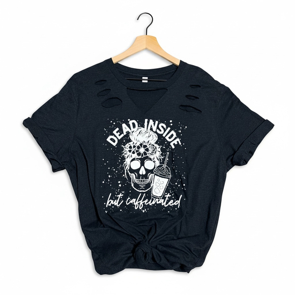 Bella + Canvas Tops - Caffeinated Bella + Canvas Distressed Short Sleeve Tee XL Black White Handmade